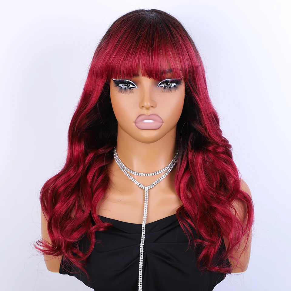 Long Purple Body Wave Human Hair Wig With Bangs for Women