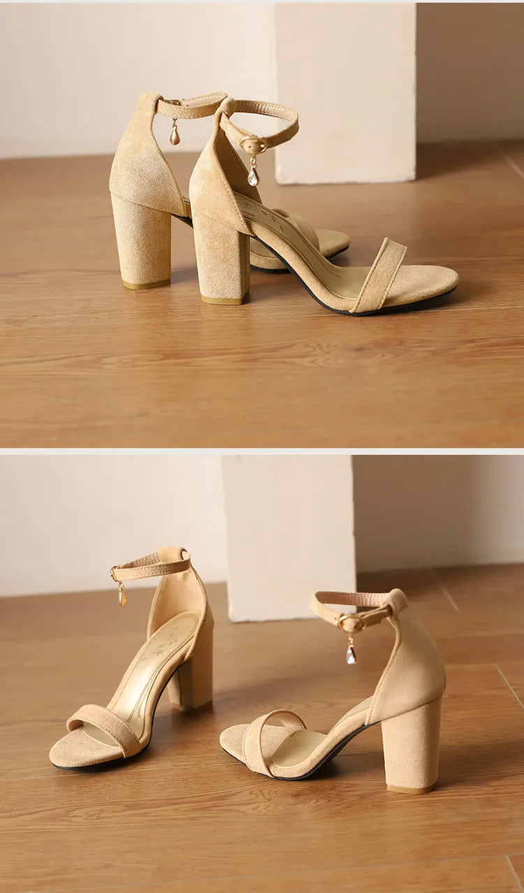 Beige Suede Rhinestone Block Heel Sandals