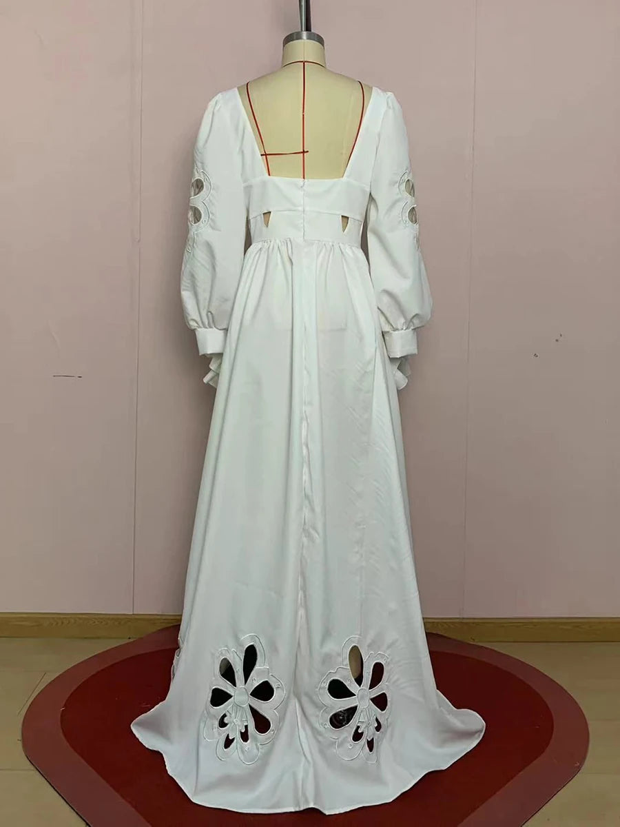 White Floral Cutout Puff Sleeve Gown With Asymmetric Train for Women