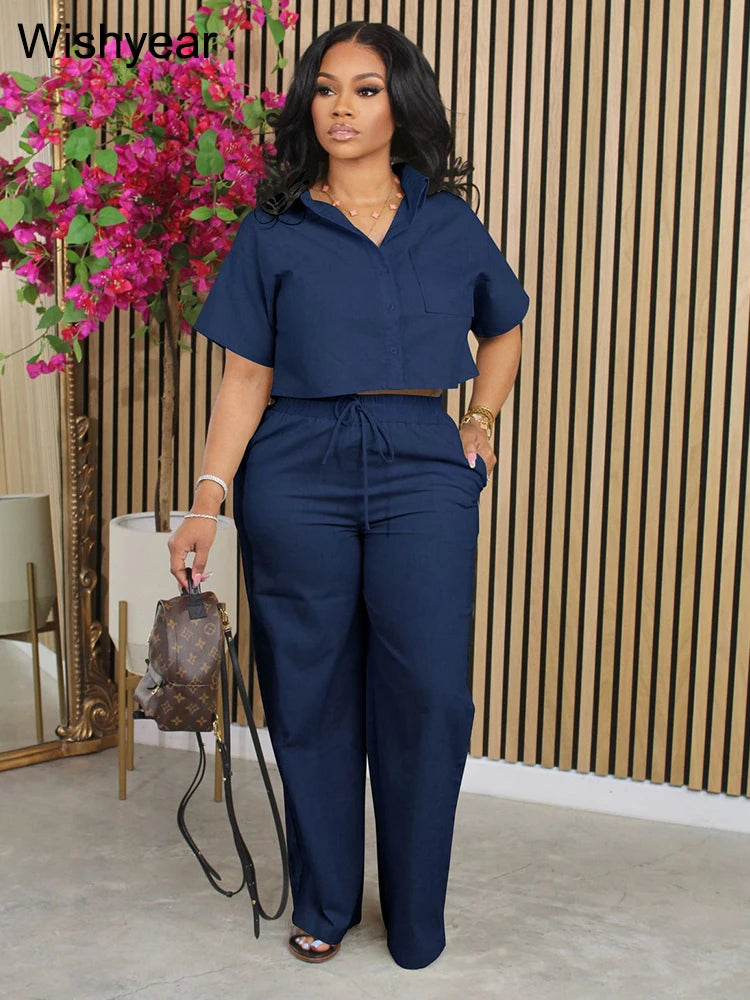 Casual Sports Linen Outfits Women's Short Sleeve Shirt and Wide Leg Pants Autumn 2 Piece Set Streetwear Office Fashion Tracksuit