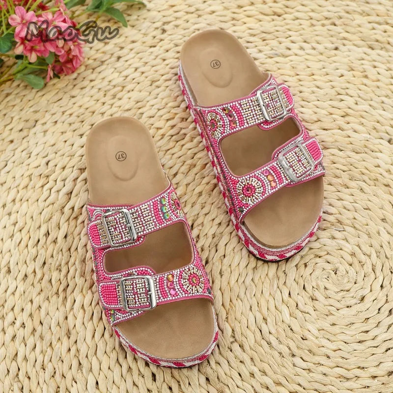 Bohemian Rhinestone Embroidered Platform Sandals For Women