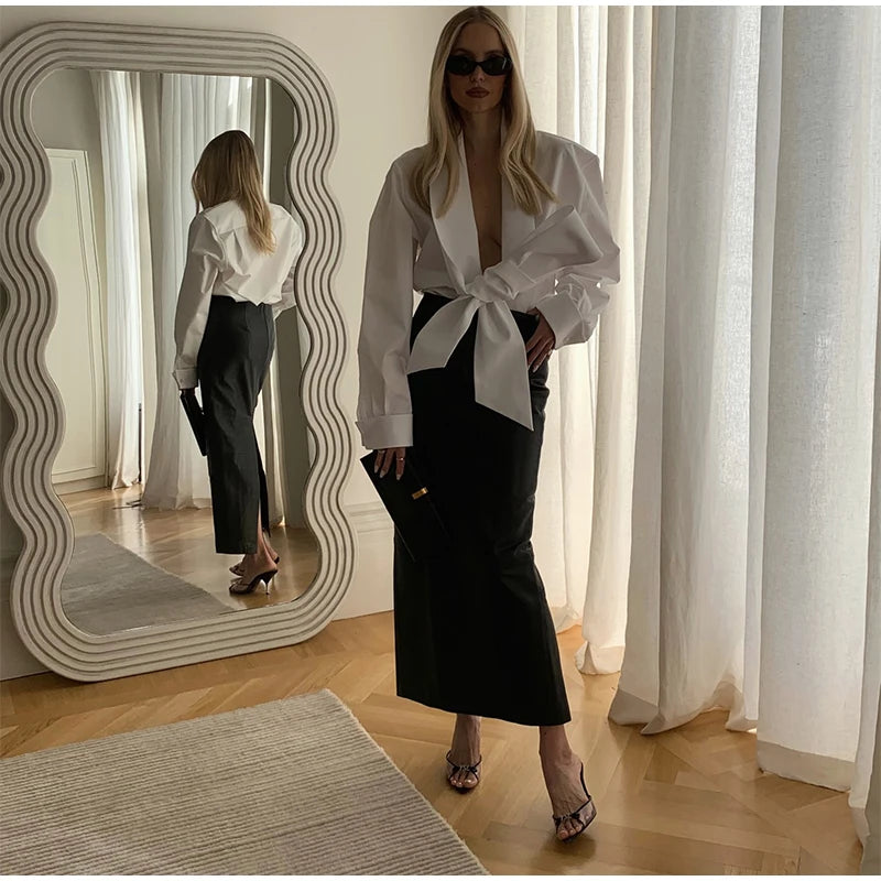 Elegant Bow Detail Pleated Long Sleeve V Neck Blouse for Women