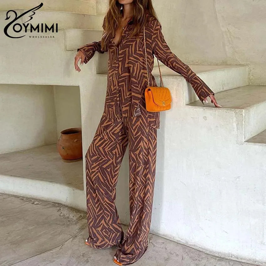 Oymimi Casual Brown Print Sets Womens 2 Piece Elegant Long Sleeve Button Side Slit Shirts And High Waisted Straight Trousers Set