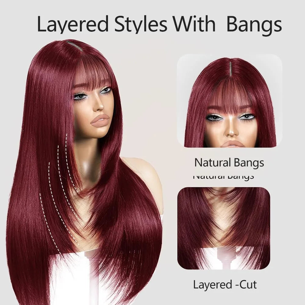 Natural Straight Layered Lace Front Wig With Bangs for Women