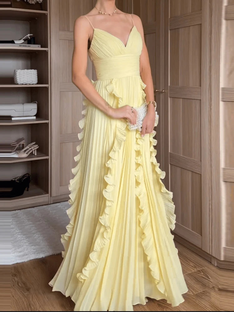 Elegant V-neck Sleeveless Suspender Dress Women's Fashion Pleated Hight Waist Solid Long Dress Casaul Ruffle Design Party Dress