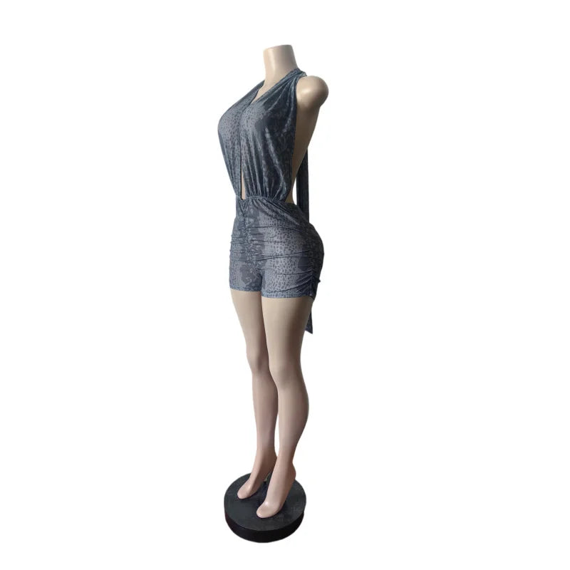 Leopard Print Halter Neck Backless Romper for Women