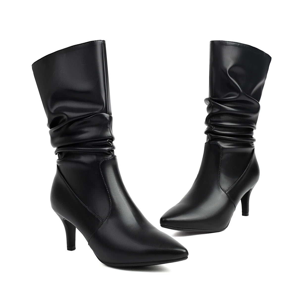 Metallic Pleated Pointed Toe Mid-Calf Stiletto Boots for Women