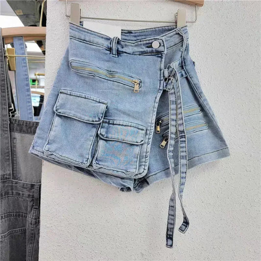Irregular multi-pocket tooling A-word shorts women's loose wide-leg pants 2024 summer strap-on denim skirt pants