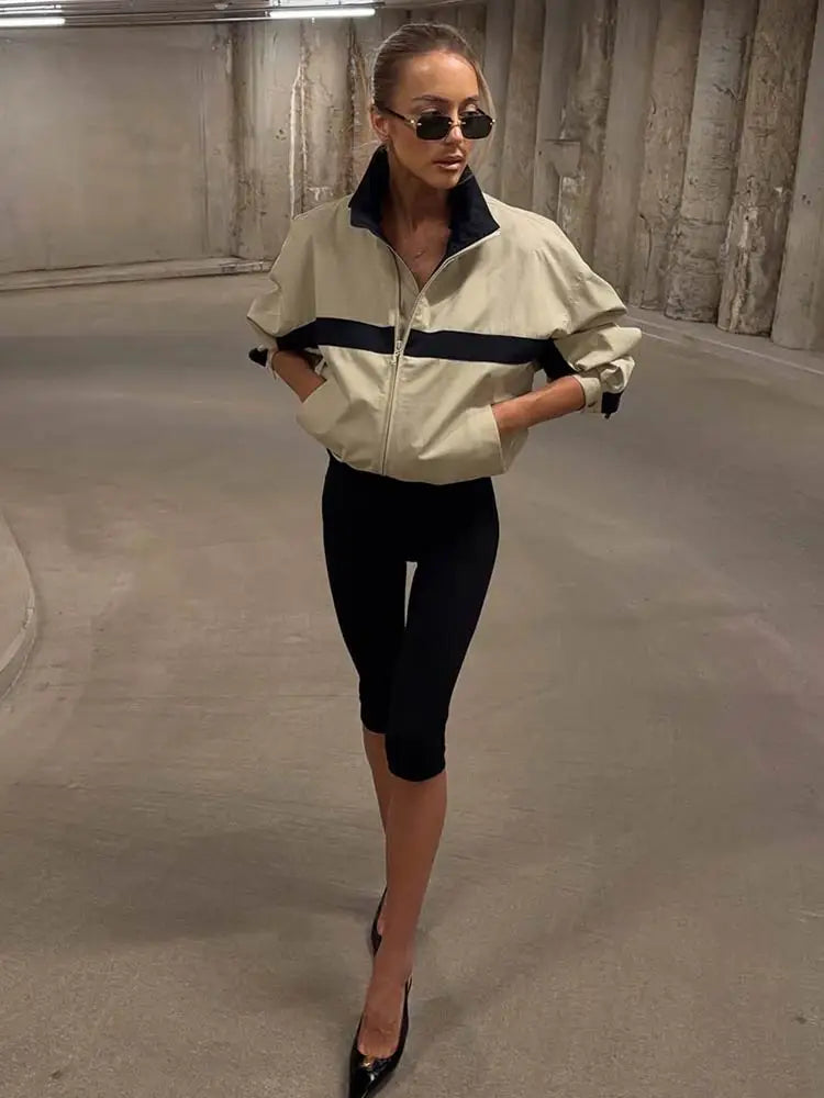 Color Block Zip Up Cropped Jacket With Stand Collar For Women
