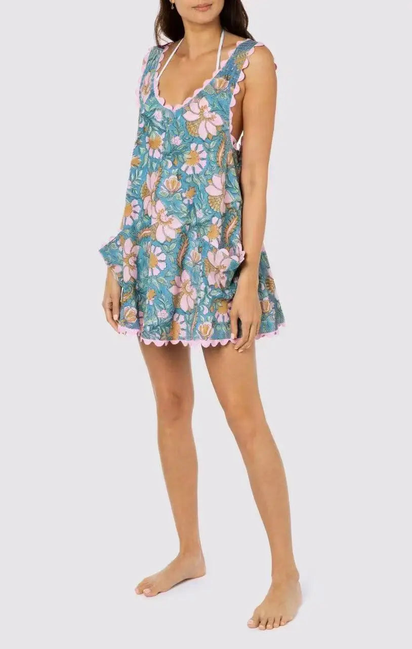 Colorful Floral Print Vest Dress Women Sexy Backless V-neck Sleeveless Beach Vacation Mini Dresses Female Spring Summer Vestidos