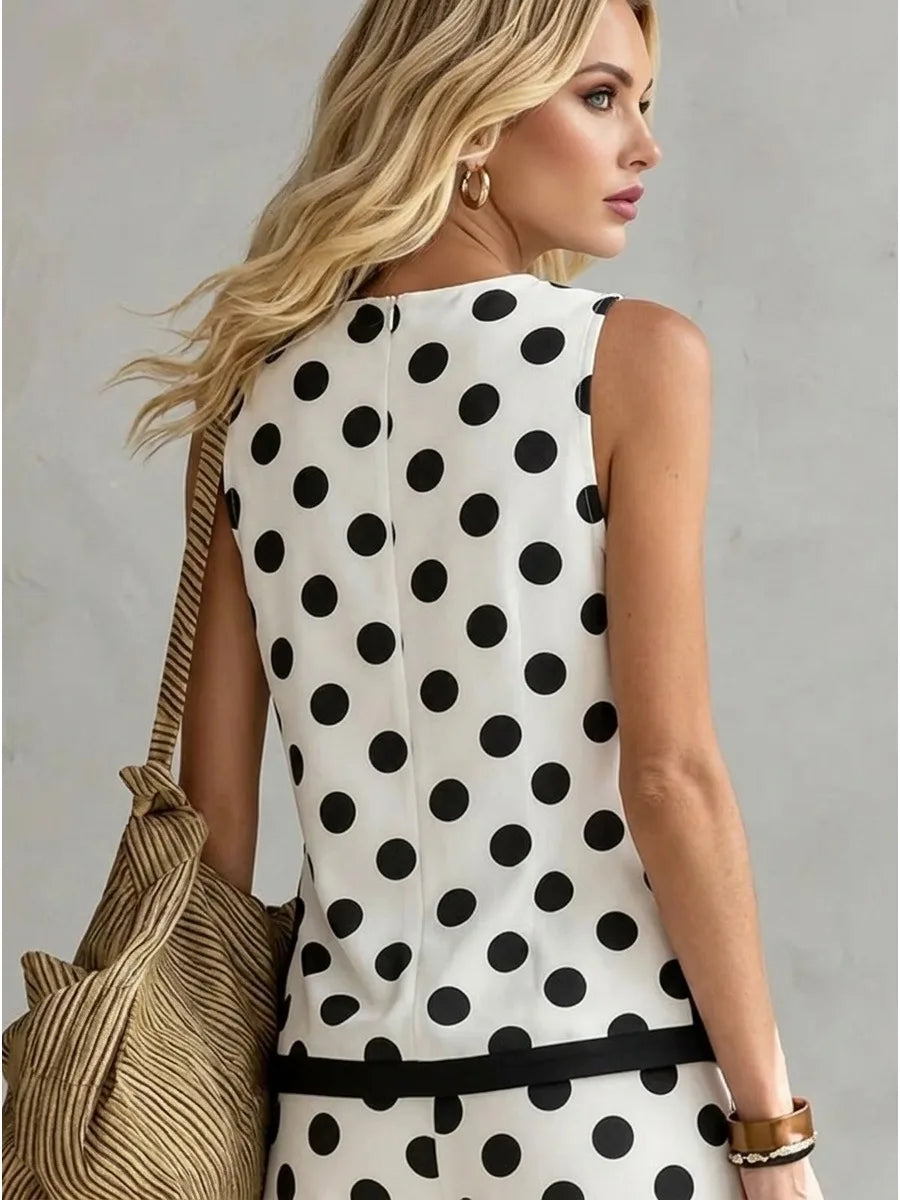 Bonboho Women Black White Polka Dot Sleeveless Tank Top Round Neck Contrast Trim T-shirt Casual Summer Sleeveless Vest Top
