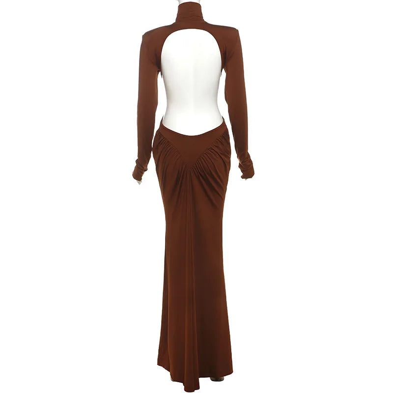 Long Sleeve Backless Ruched Maxi Dress