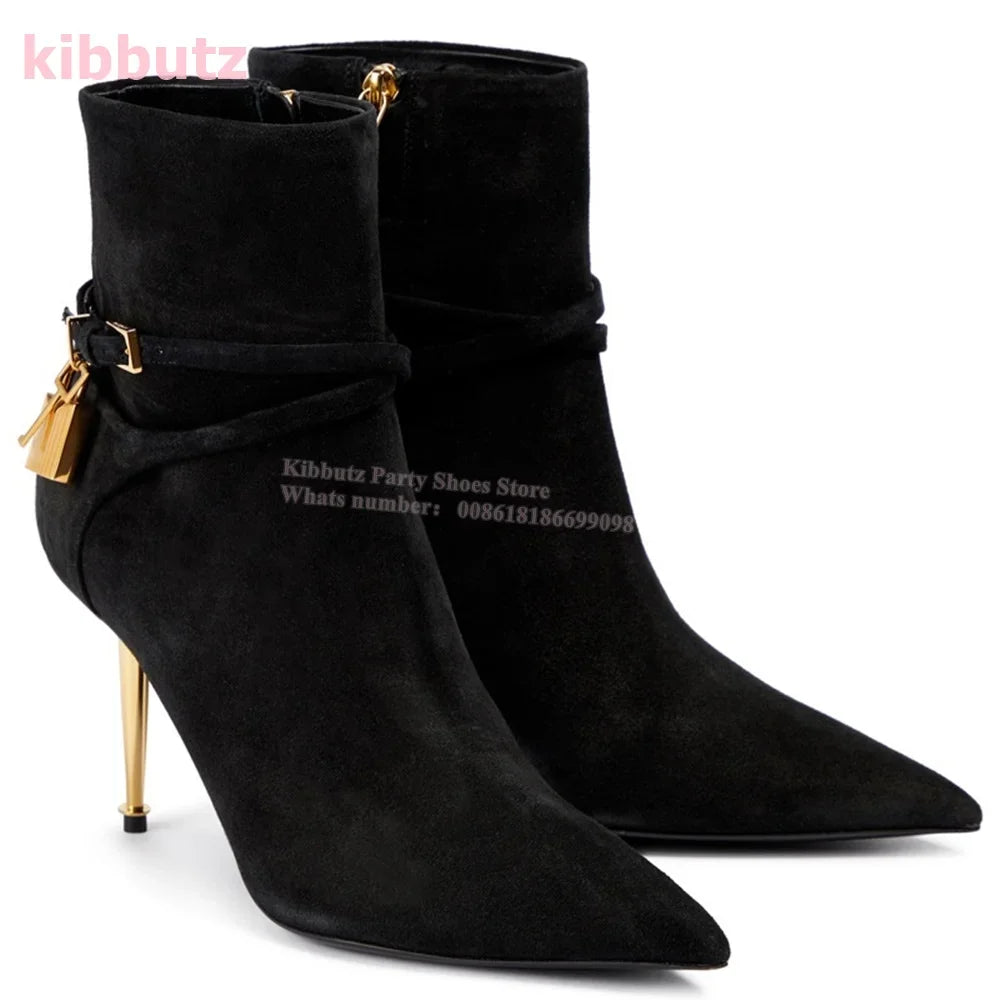 Metal Padlock Key Ankle Boots Genuine Leather Solid Color Pointed Toe Thin Heel Suede Side Zipper Fashion Runway Show Elegant