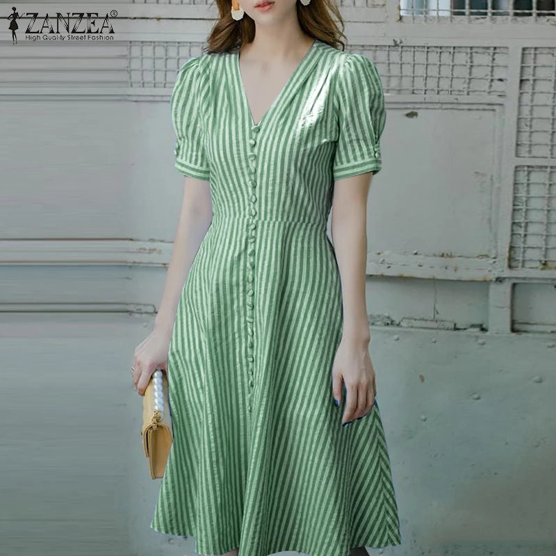 ZANZEA Women Elegant Striped Midi Dresses 2025 Summer Fashion V-Neck Short Puff Sleeve Fitted Waist A-Line Robes Femme Korean