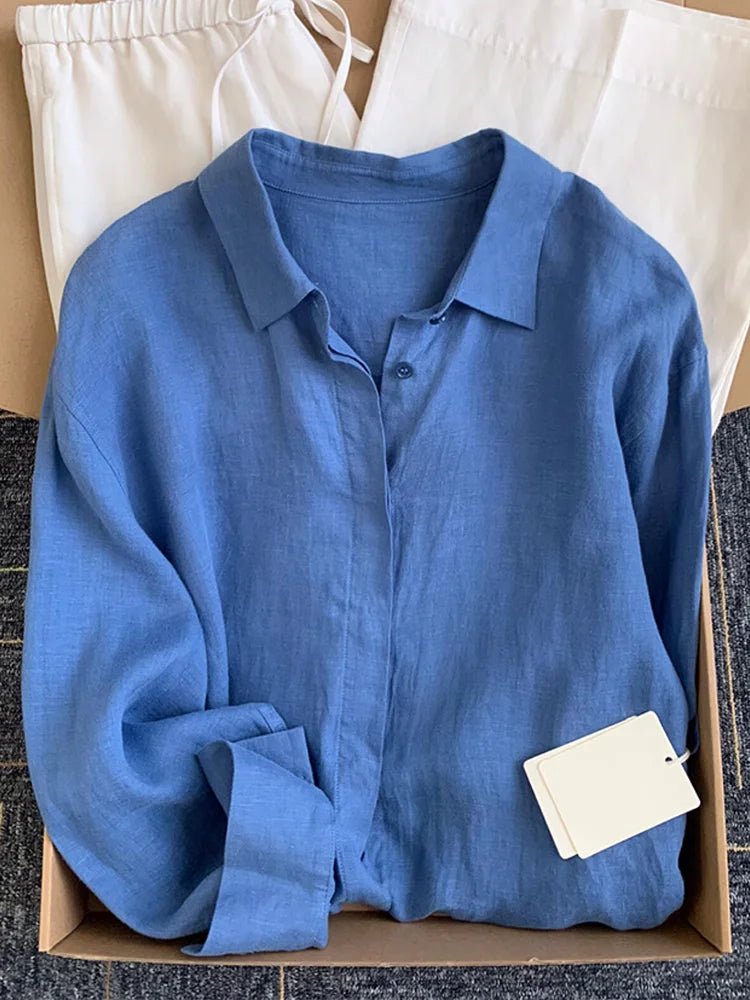 Solid Color V Neck Long Sleeve Casual Blouse for Women