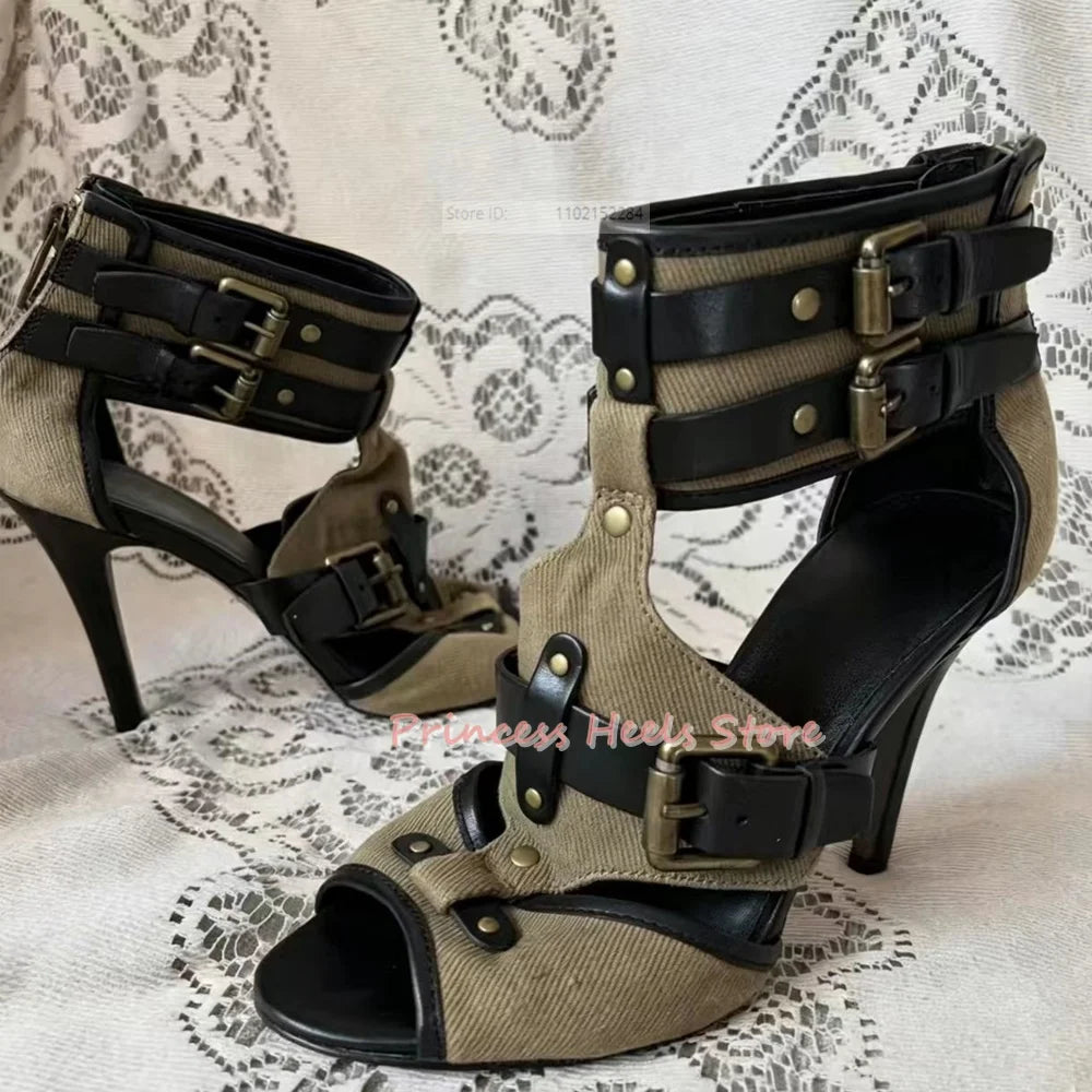 Denim Buckle Strap Open Toe Back Zipper Sandals for Women