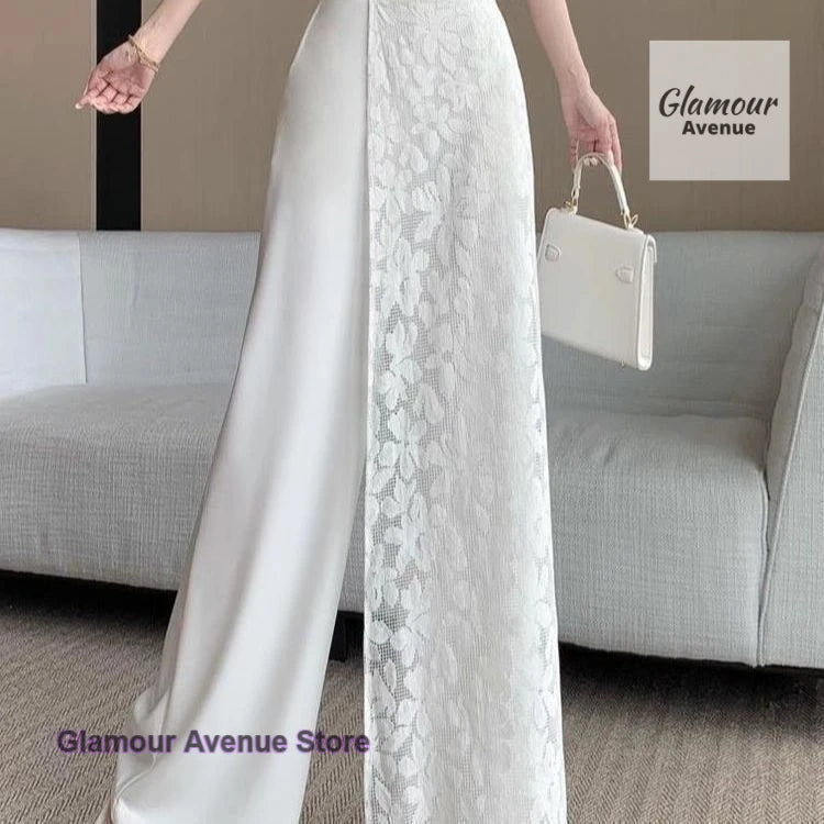 French style lace stitching high waist wide-leg pants women's summer thin fashion fake two pieces of casual Joker long pants.