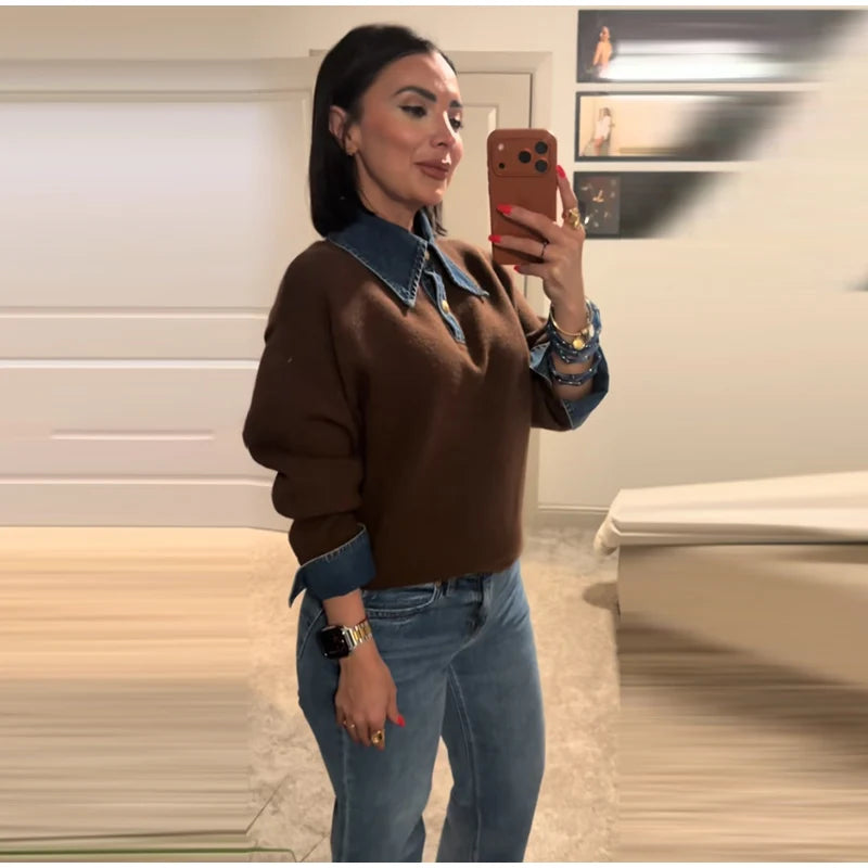 Long Sleeve Denim Collar Half Button Knit Top For Women