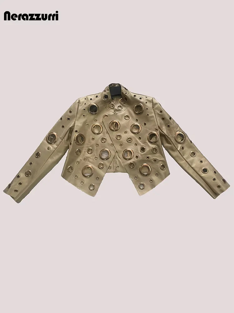 Sequin Hollow Out Patchwork Faux Leather Jacket For Women
