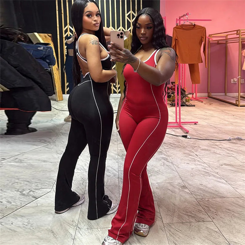 FAGADOER Fashion Striped Patchwork Bodycon Jumpsuits Women Sleeveless Backless Hollow Out Rompers Female Streetwear Overall New