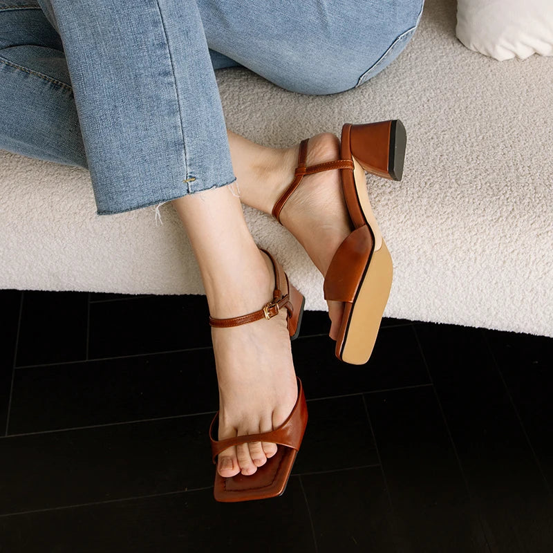 Summer Narrow Band Elegant Square Heel Sandals for Women