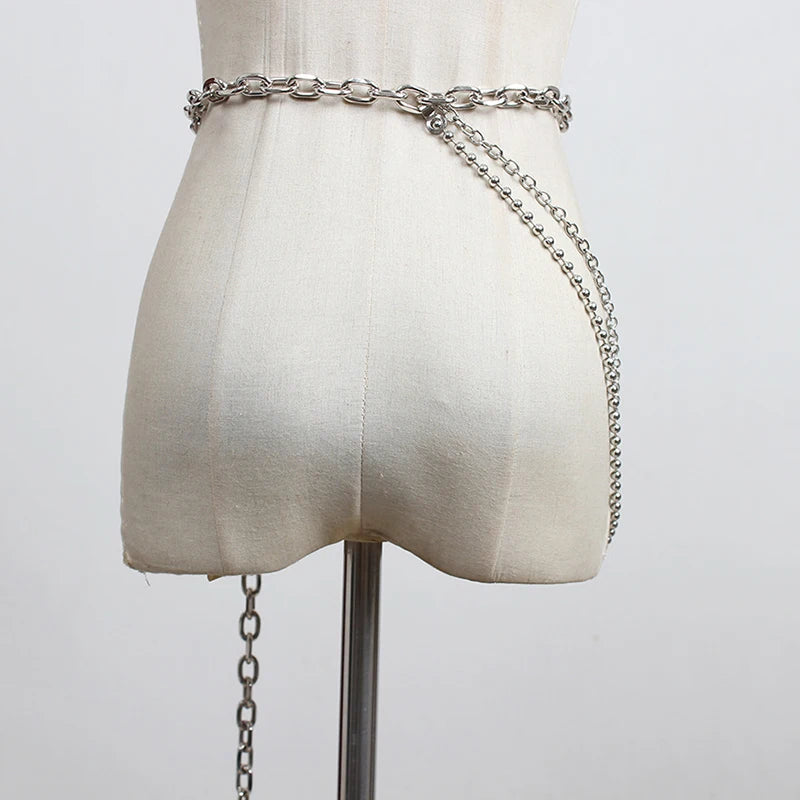 [EAM] Silver Color Metal Chain Long Irregular Belt Personality Women New Fashion Tide All-match Spring Autumn 2025 1DH8768