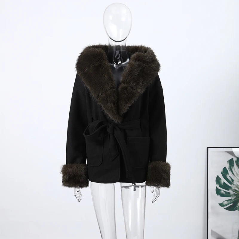 Warm Faux Fur Hooded Winter Coat With Pockets for Women