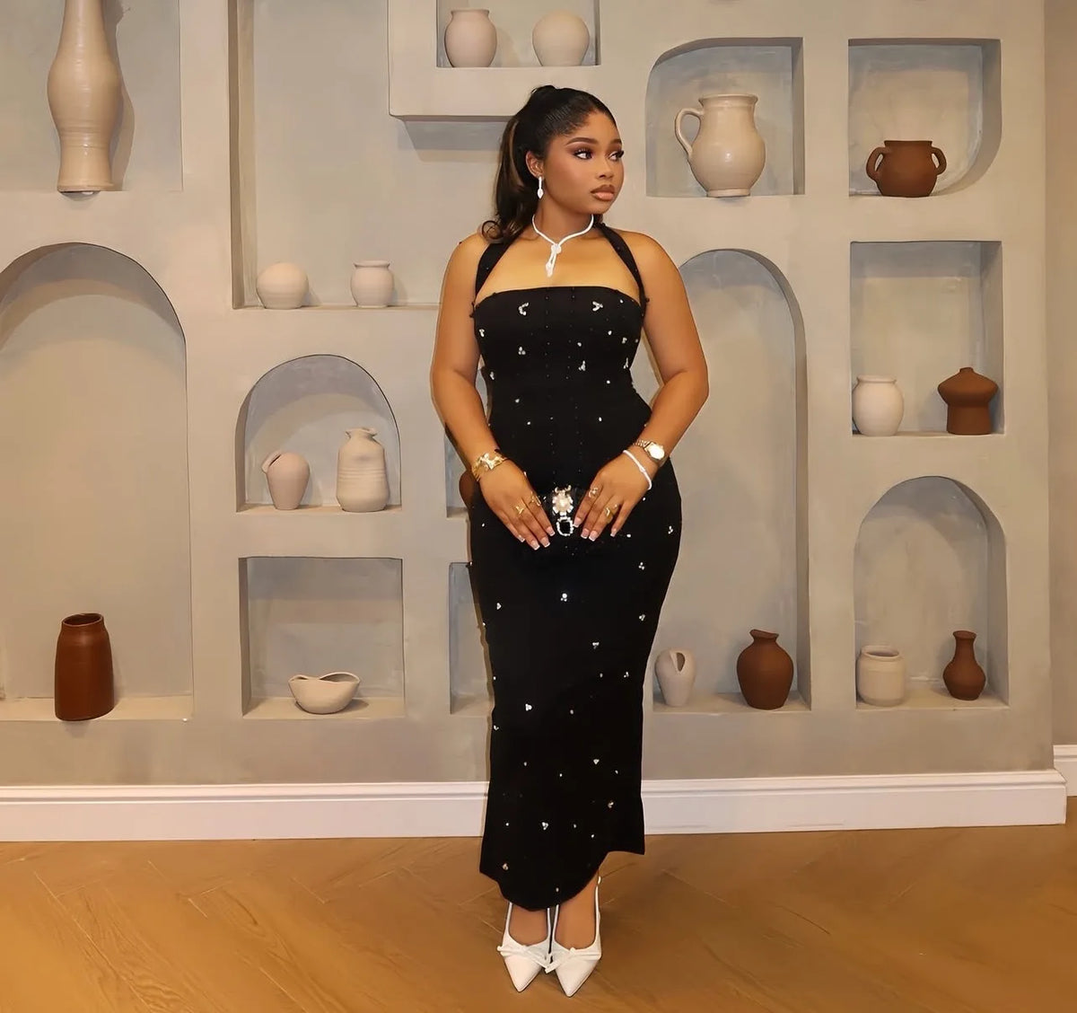 Pearl Patchwork Halter Backless Bodycon Dress for Women