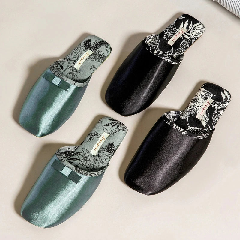 Elegant Silk Print Butterfly Knot Flat Slippers for Women