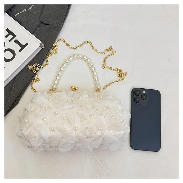 Pearl Floral Chain Evening Crossbody Bag