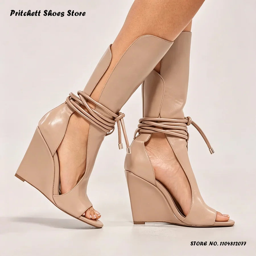 Lace Up Cross Tie Open Toe Wedge Ankle Boots for Women