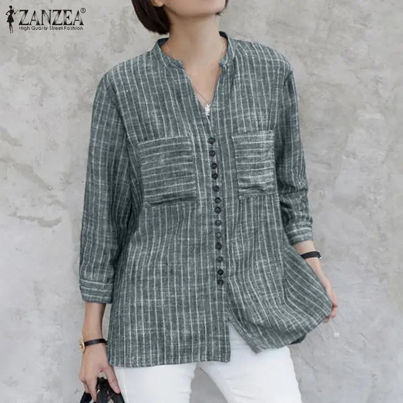 ZANZEA Fashion Stripe Printed Shirt Summer  3/4 Sleeve V-Neck Blouse Female Casual Blusas Mujer Woman Elegant Loose Korean Tops