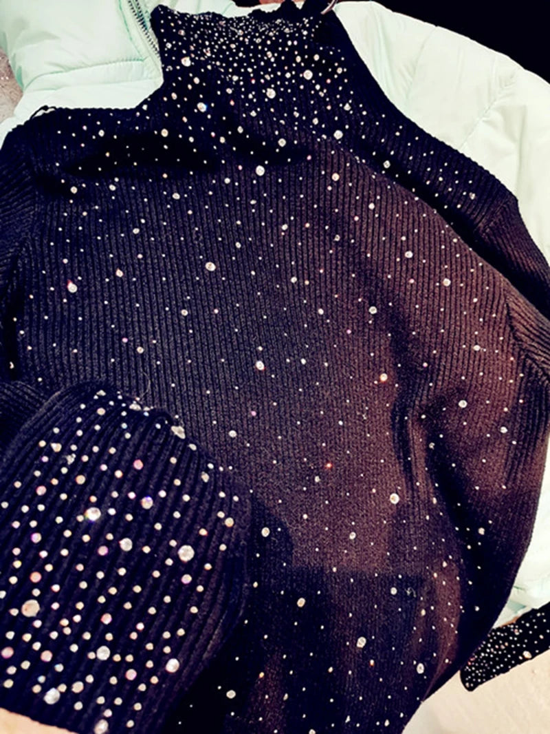 Luxury Style Sparking Diamonds Black Turtleneck Sweater for Women Autumn/Winter Knitwear Bottoming Pullovers Femme