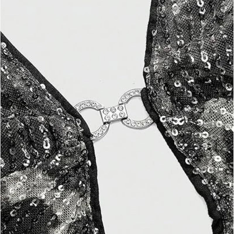 Sequin Snake Print Open Back Sleeveless Halter Top for Women