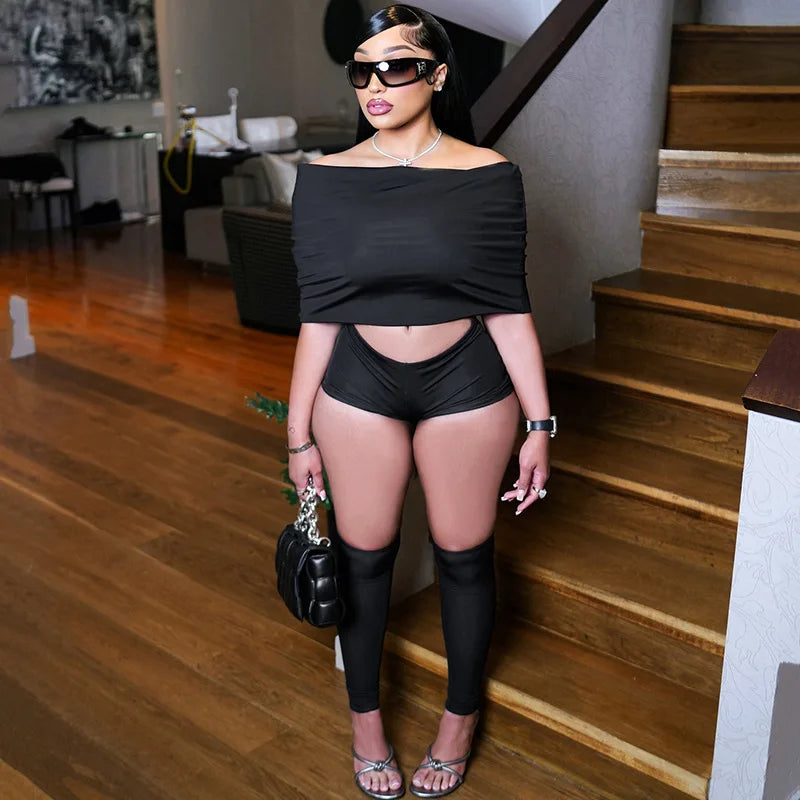FAGADOER Y2K Sexy Streetwear 2 Pieces Set for Woman Off Showlder Sleeveless Backless Crop Top and Shorts Suit Female Clothing