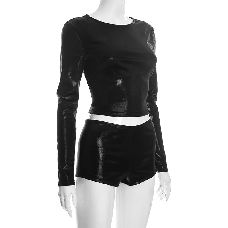 Silk Long Sleeve Two Piece Set Crop Top and Shorts for Women