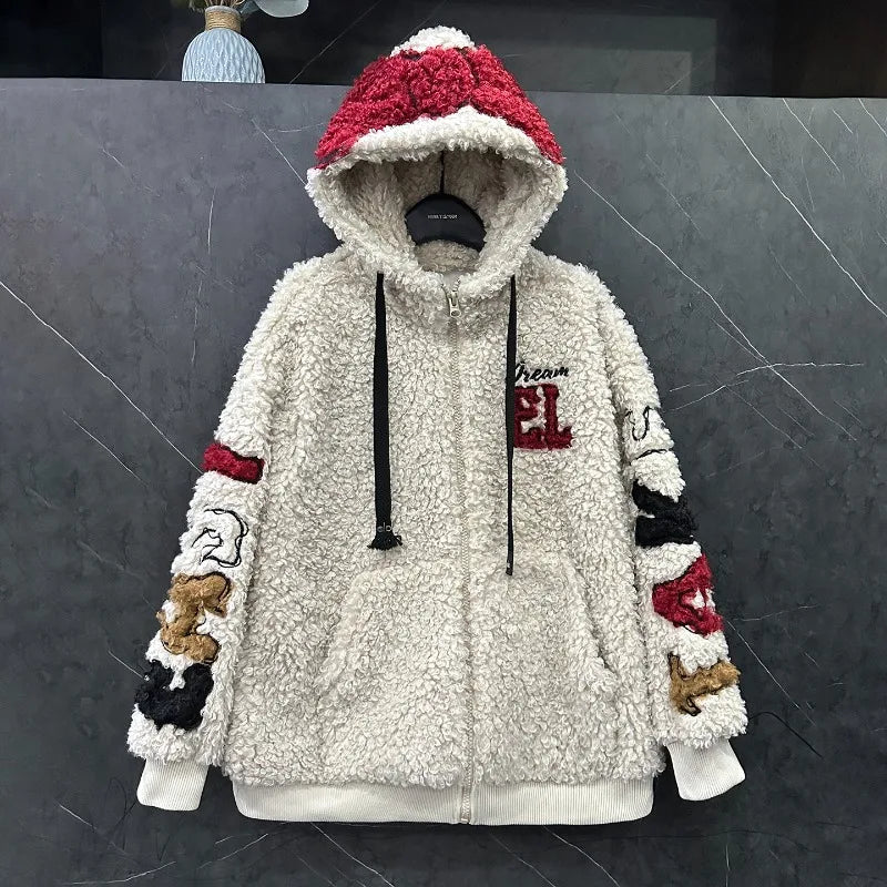 2025 Autumn Winter Heavy Industry New Cartoon Lamb Wool Hooded Cardigan Coat For Women's Loose Casual Sweet Top Zipper Jacket