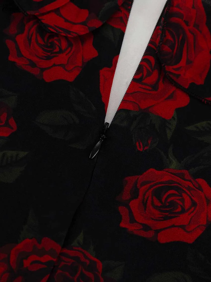 Oymimi Elegant Red Print Womens Dresses Fashion V-Neck Long Sleeve Button Dresses Casual High Waisted Ruffled Mini Dress Female