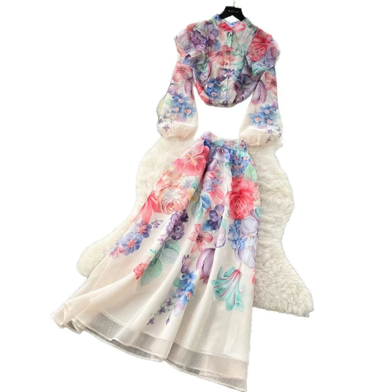 Floral Two Piece Skirt Set With Long Sleeves for Women