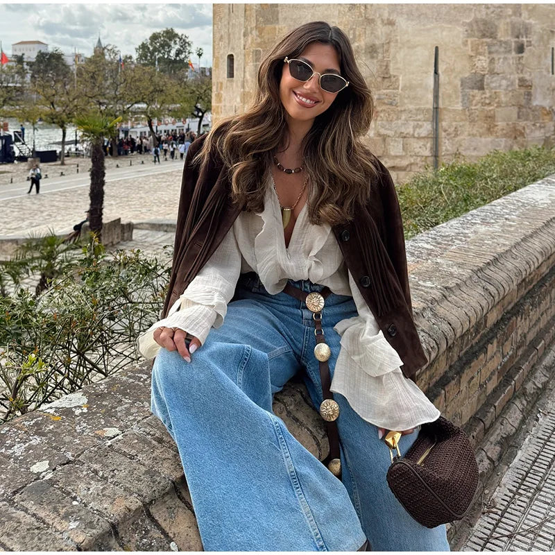Women Shirt Loose Casual Ruffled Edges Female Blouses V Neck Lace Up Short  Woman Shirts Spring Summer Blouse Top 2025 New