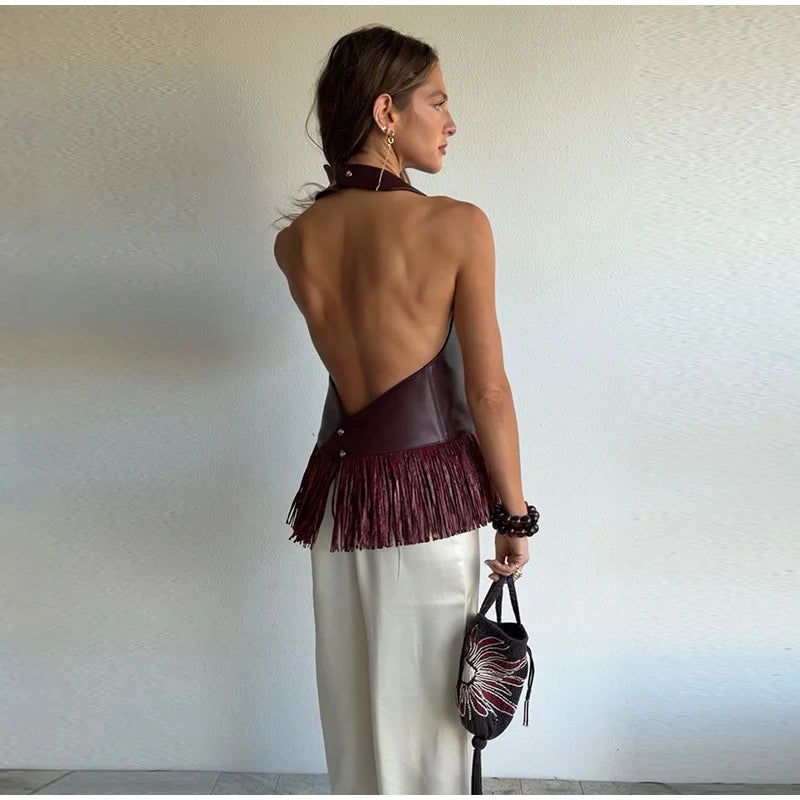 Faux Leather Patchwork Fringe Halter Top for Women