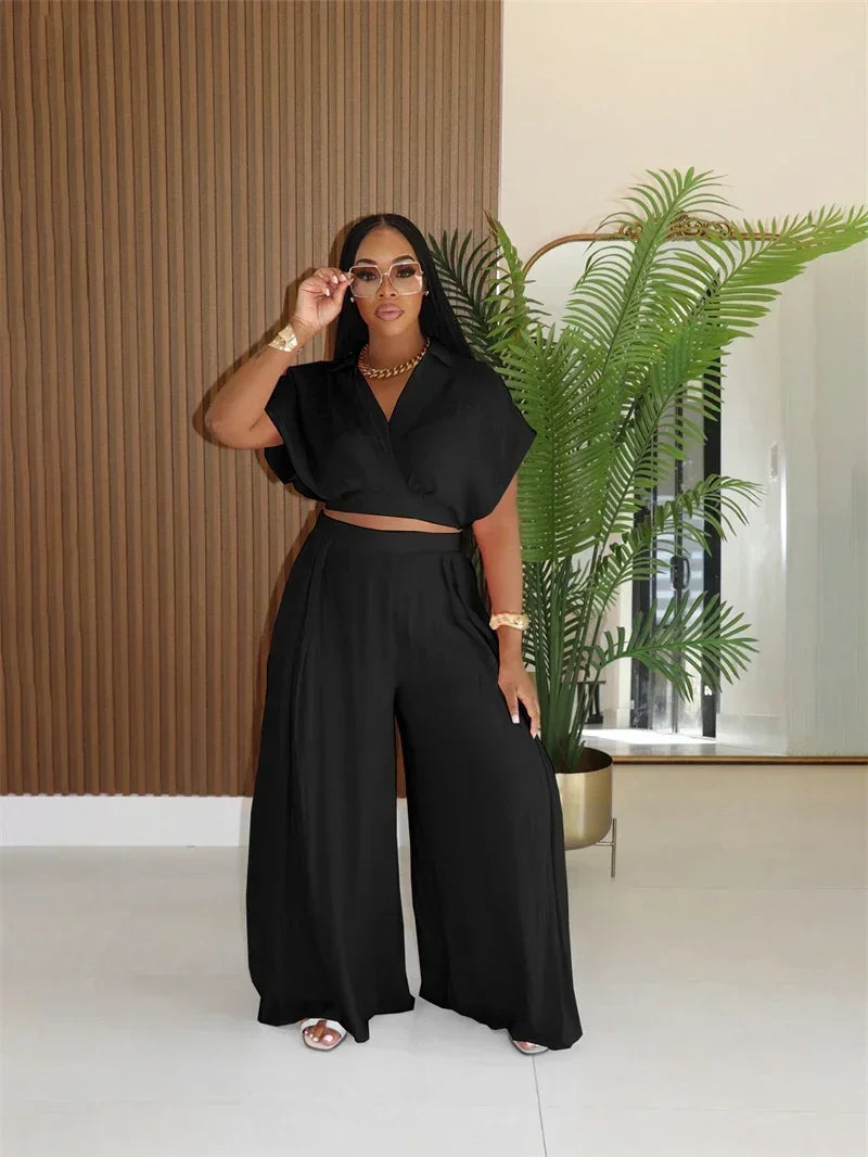 Relaxed Casual Crop Top And Wide Leg Pants Set for Women