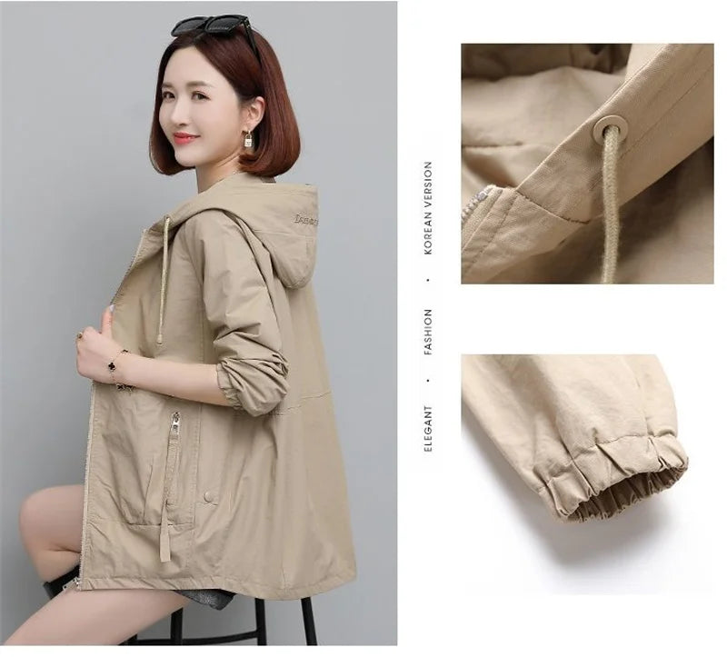 Lining Hooded Coat Female Spring And Autumn Temperament Short Jacket Casual Short Trench Coat Female Hooded Outwear Khaki