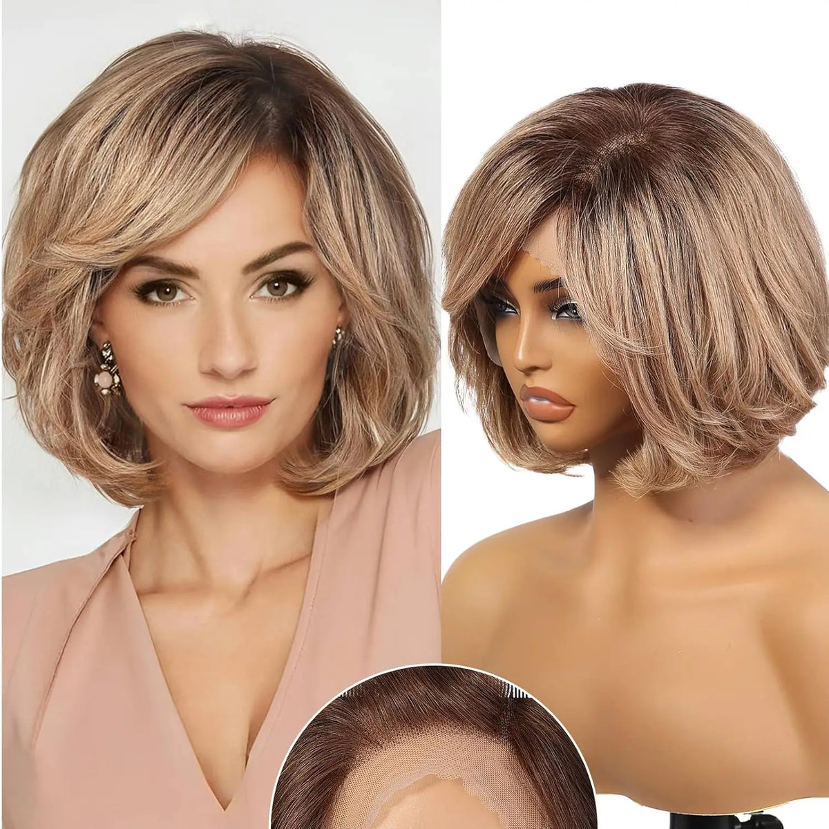 Short Wavy Lace Front Bob Wig With Blonde Highlights For Women