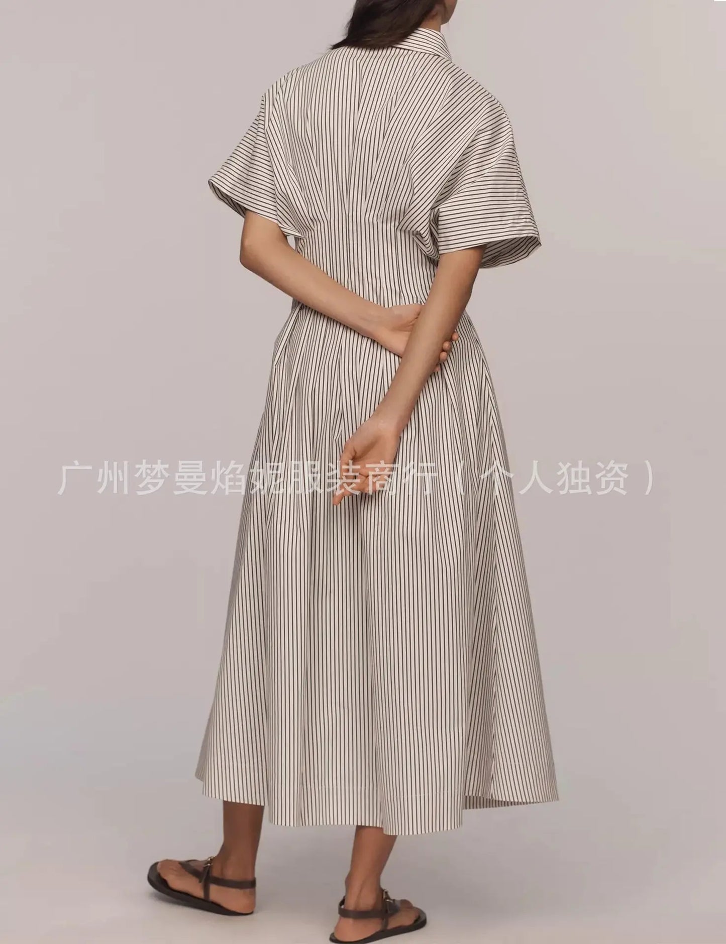Elegant Striped Print Waist-Hugging A-Line Midi Dress for Women