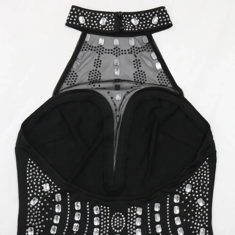 Rhinestone Embellished Sleeveless Bodycon Midi Dress for Women