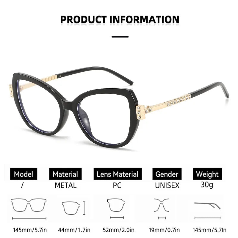 Black Cat Eye Rhinestone Anti Blue Light Reading Glasses for Women