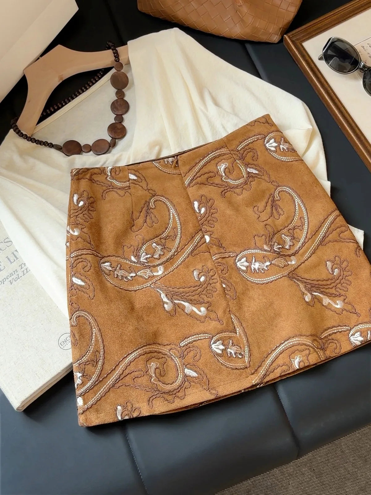 Embroidered Suede A-Line Mini Skirt