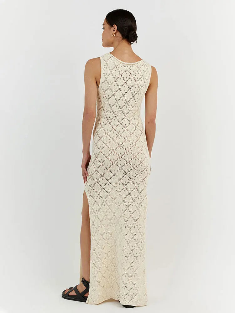 Sexy Cut Out Slit Knit Mesh Swimsuit Cover Up Pareo Tunic 2025 Summer Beach Maxi Dress Bikini Cover-ups Women Beachwear A2318