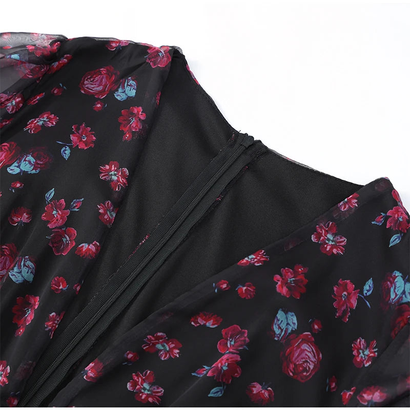 Floral Printed Ruffle Mini Dress with Deep V Neck for Women